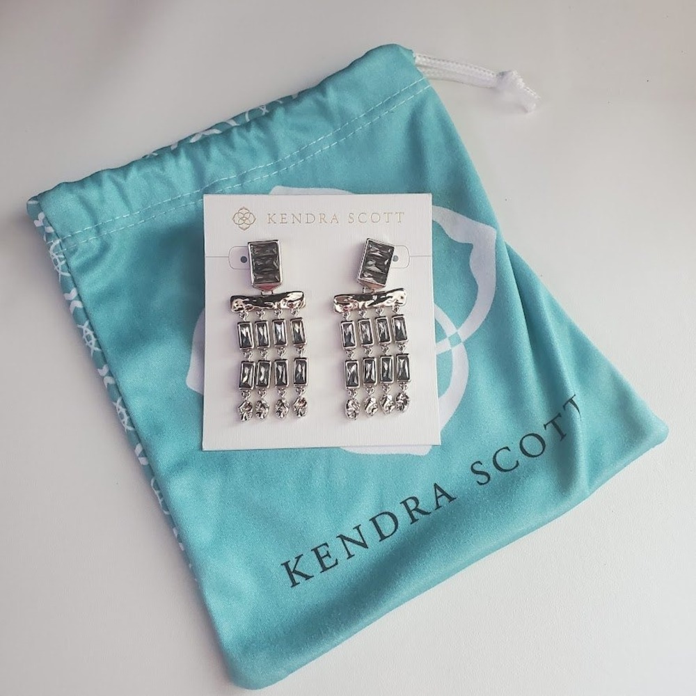 Kendra Scott Jack Rhodium Plated Chandelier Earrings Gray Baguette Crystals NWOT